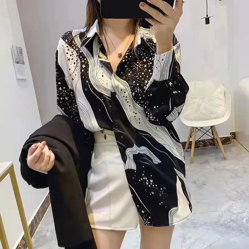 Shirt Women's Design Sense Niche Long-Sleeved Blousers 2025 Spring And Autumn Korean Retro Buttton Chiffon Shirt Top Printed 102