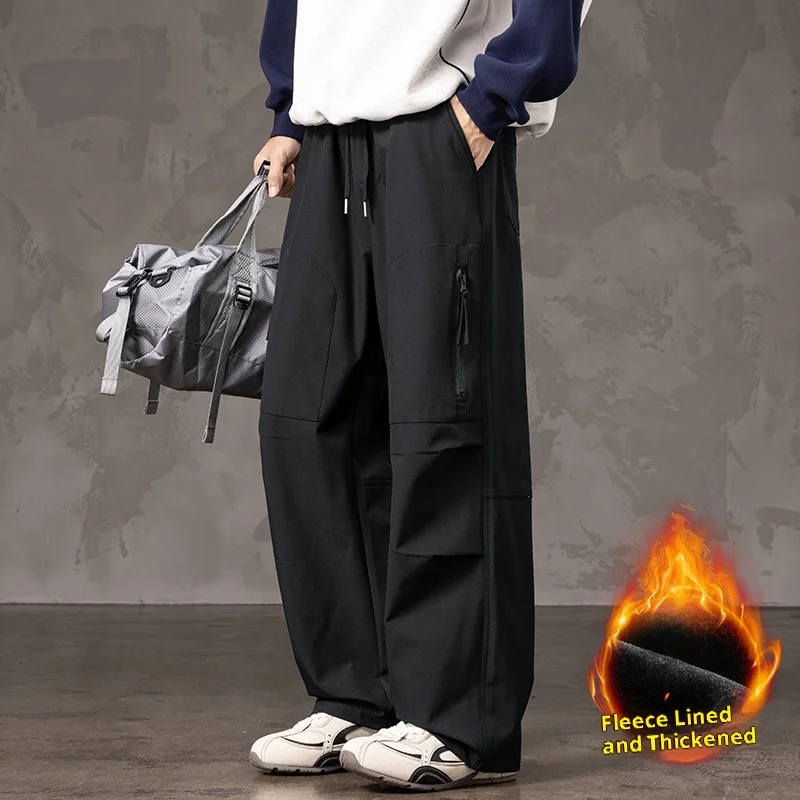 メンズ フリース裏地付き 厚手 カーゴ ワイドレッグ パンツ 複数のポケットとジッパーのデザイン、ストリートスタイル、ゆったりフィット、スリムフィット、冬の暖かさと耐寒性、ブラック どんなスタイルにも万能、日常の外出に最適