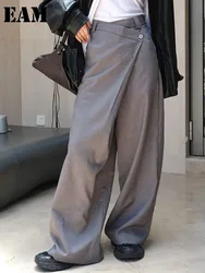 [EAM] High Waist Gray Irregular Spliced Long Wide Leg Casual Pants New Trousers Women Fashion Tide Spring Autumn 2024 1DH6721