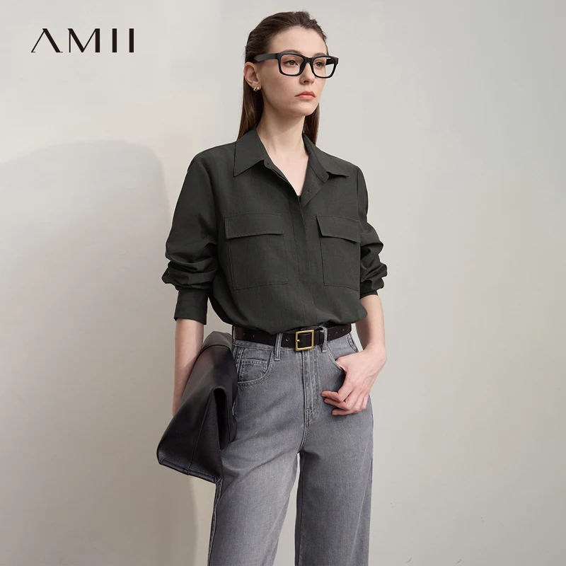 

AMII Women's Shirts 2025 Autumn New Casual Top Female Loose Long Sleeves Medium-length Solid Versatile Blouse for Ladies12523159