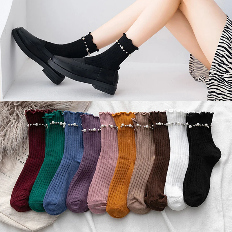 Fashion Women Solid Color Casual Socks w/ Pearls Decoration Ladies Short Cotton Socks Streetwear Socks