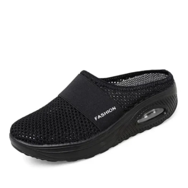 2026 Summer New Round Headed Headless Slippers Mesh Breathable Backless Thick Bottom Half Drag Large Casual Women's Drag