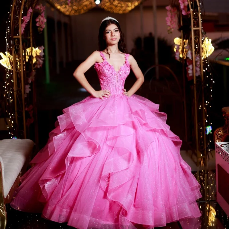 Pink Quinceanera Dress Glitter Crystal  Flower Decal Long tail Lace layering off-shoulder Vestidos De 15 Quinceanera ﻿Customize