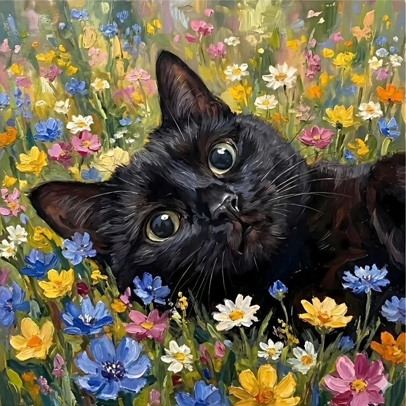 Oil Painting By Numbers Kits Black Cat Lying in Flowers Number Drawing Canvas DIY Pictures By Numbers Home Decor