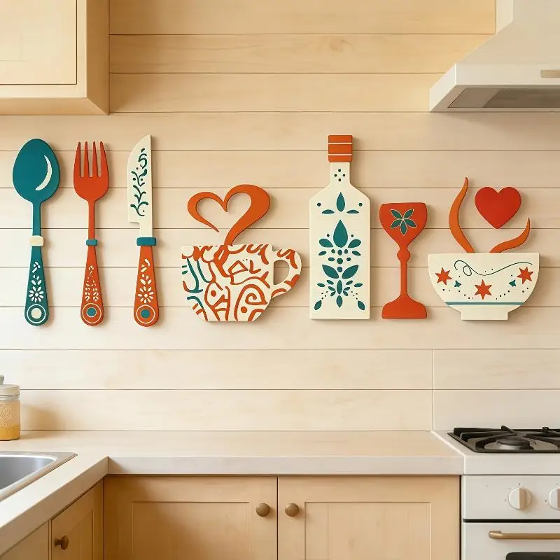 Vintage Wood Floral Kitchen Utensil Pendant Farmhouse Style Coffee Cup Wine Bottle Rustic Wall Sticker Ornaments Hand-painted