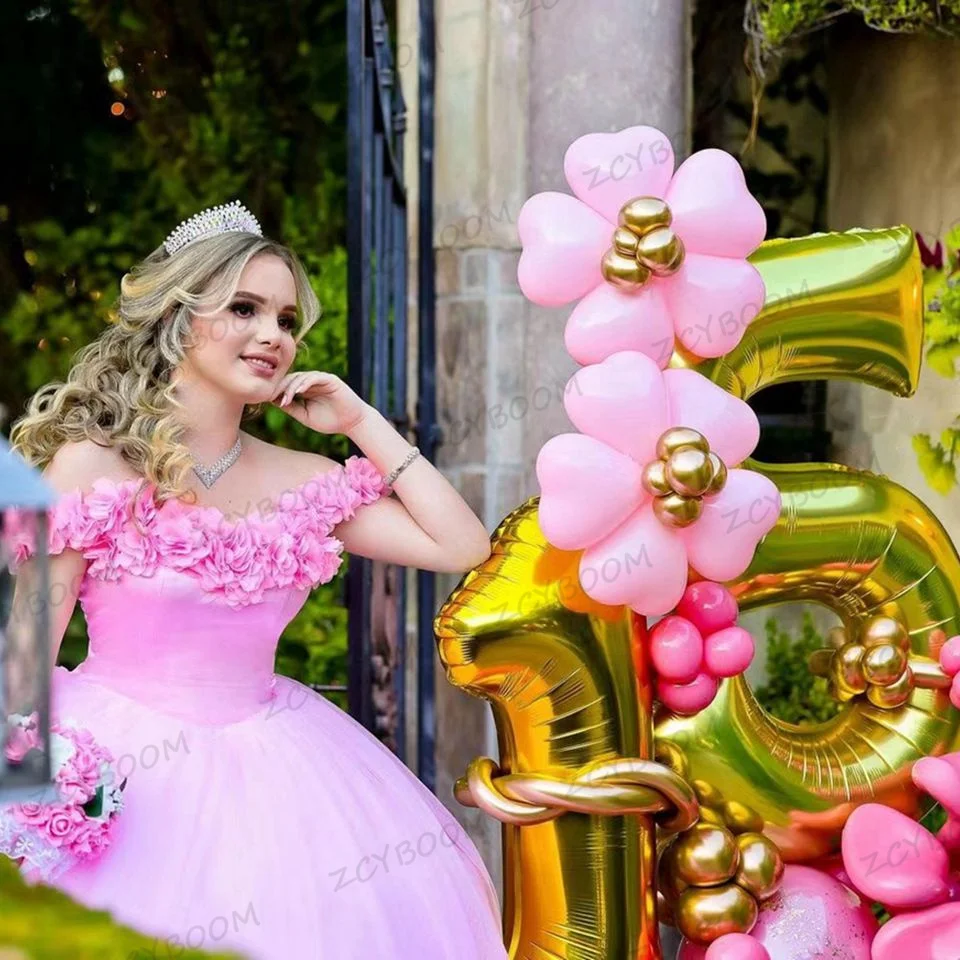 Изысканное розовое платье принцессы с открытыми плечами Quinceanera 2023, милое бальное платье Sweet 16, с 3D цветочной аппликацией, Vestidos De 15 Años