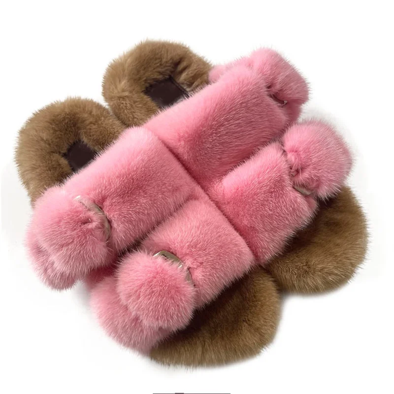 Damen-Sandalen und -Pantoffeln: Luxuriöse Nerzfell-Slipper, Mules-Schuhe für Frauen, Bequeme Indoor-Outdoor-Fellpantoffeln