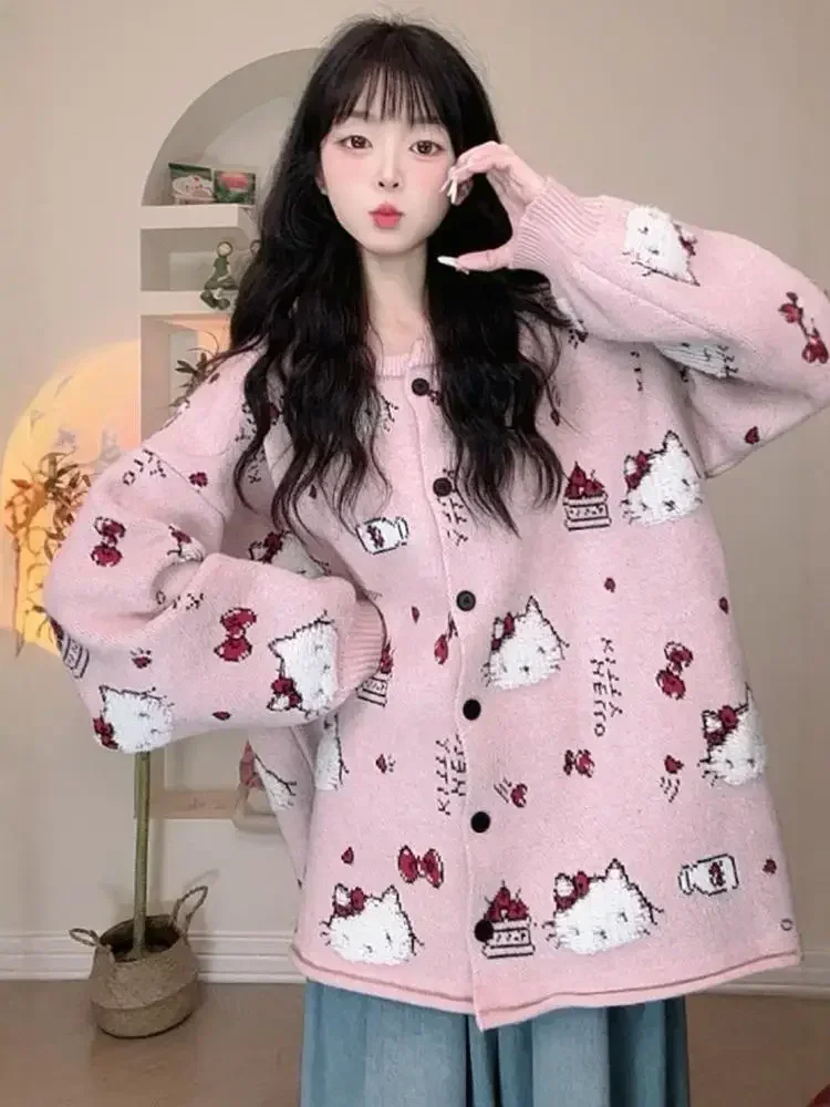 Sanrio Hello Kitty trui Girly Heart Anime gebreid vest met ronde hals en lange mouwen Herfst en winter Veelzijdig vrijetijdsjack