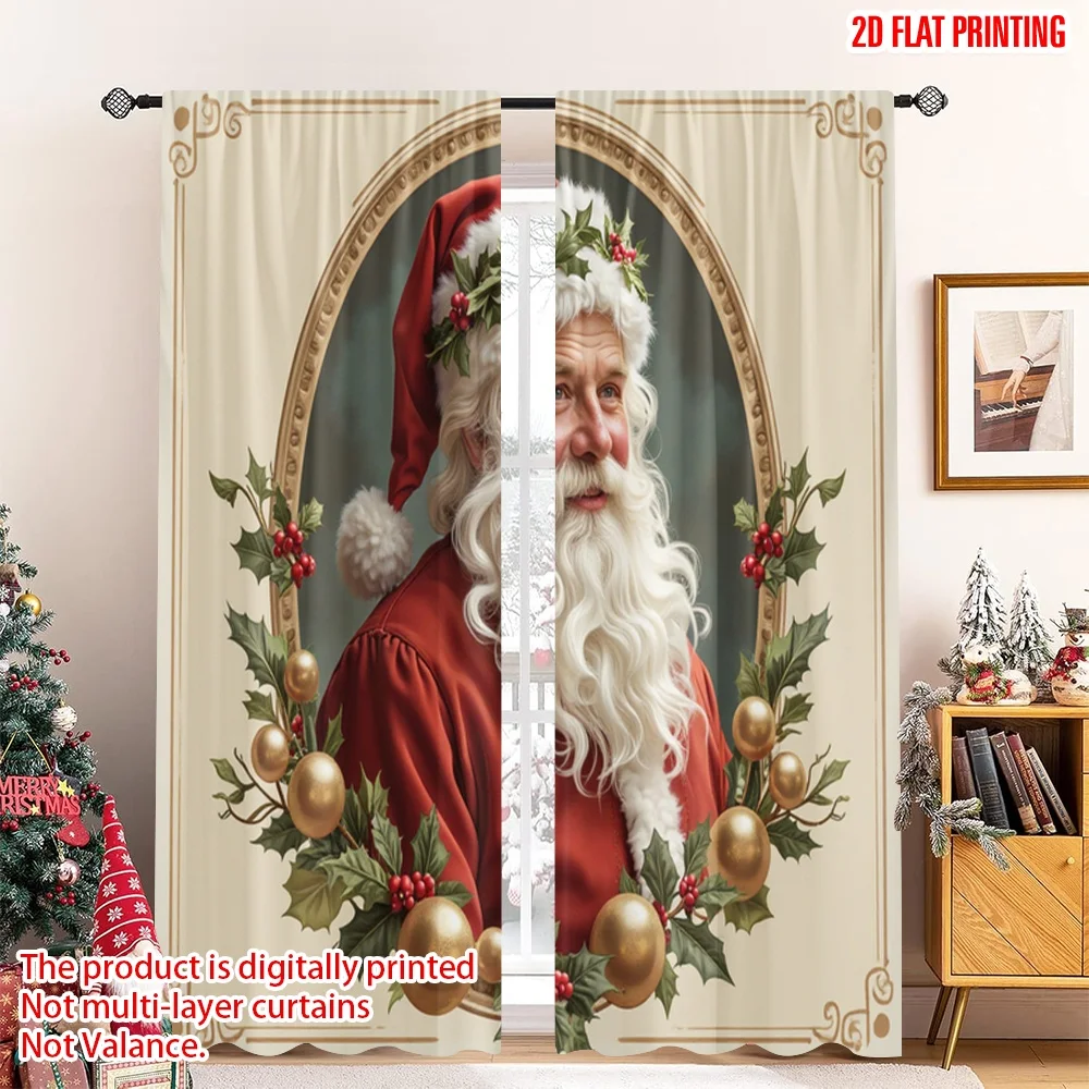 

2pcs 2D flat printing Christmas Scene Curtain Santa Claus Holly Wreath Classic Fabric Without Electricity Festive Curtains Use