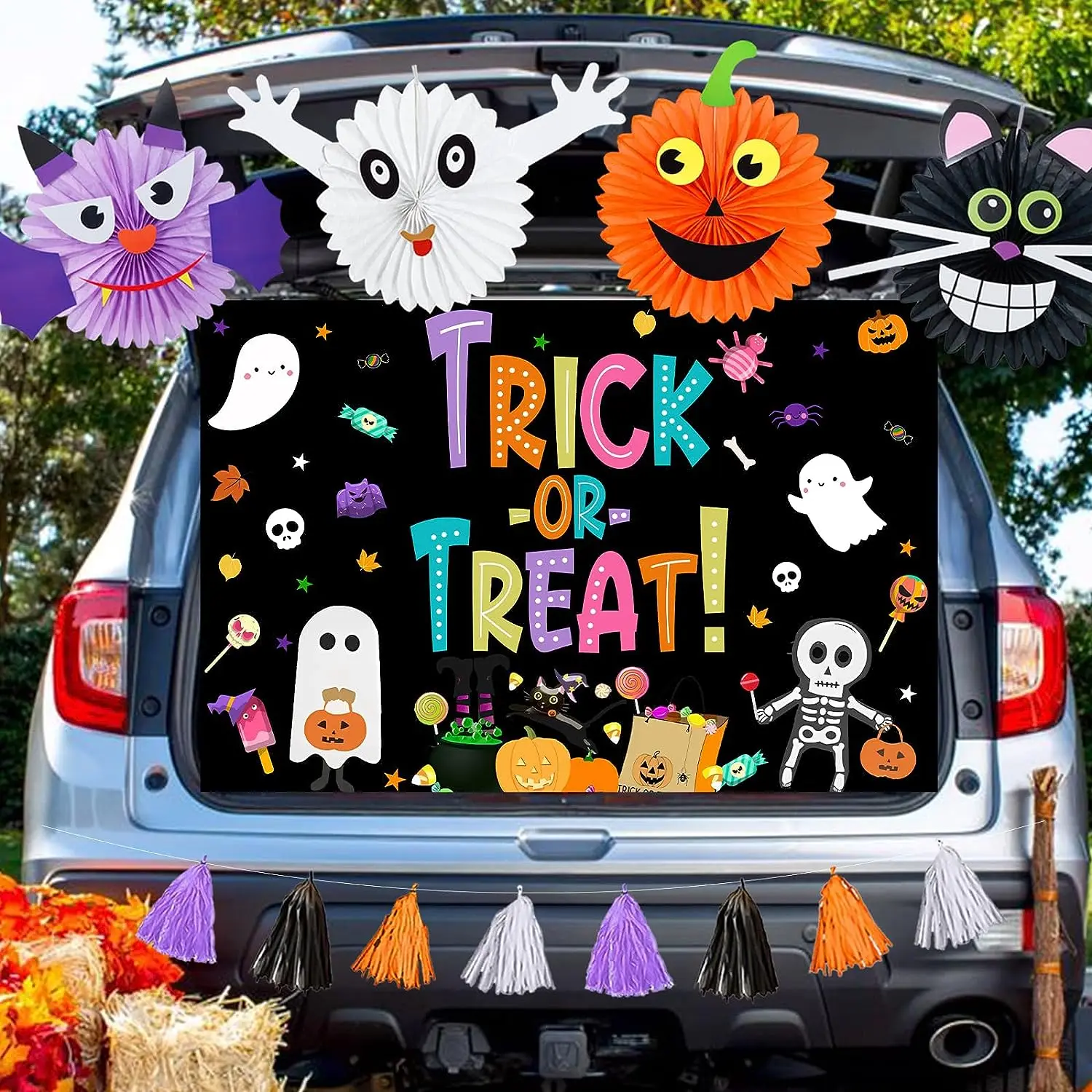 

Halloween Trunk or Treat Car Decorations Trick or Treat Backdrop Halloween Paper Fans Tassels for Car Archway Garage Decorations