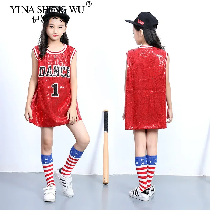 

Одежда для девочек в стиле хип-хоп с блестками, костюм для джазовых танцев, современного чирлидинга, сценического выступления, детский топ с блестками и длинными рукавами с носками