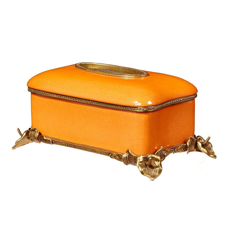 Caja de cerámica con papel decorativo de cobre, mesa de comedor de sala de estar, caja de pañuelos para el hogar, caja de servilletas, adorno naranja