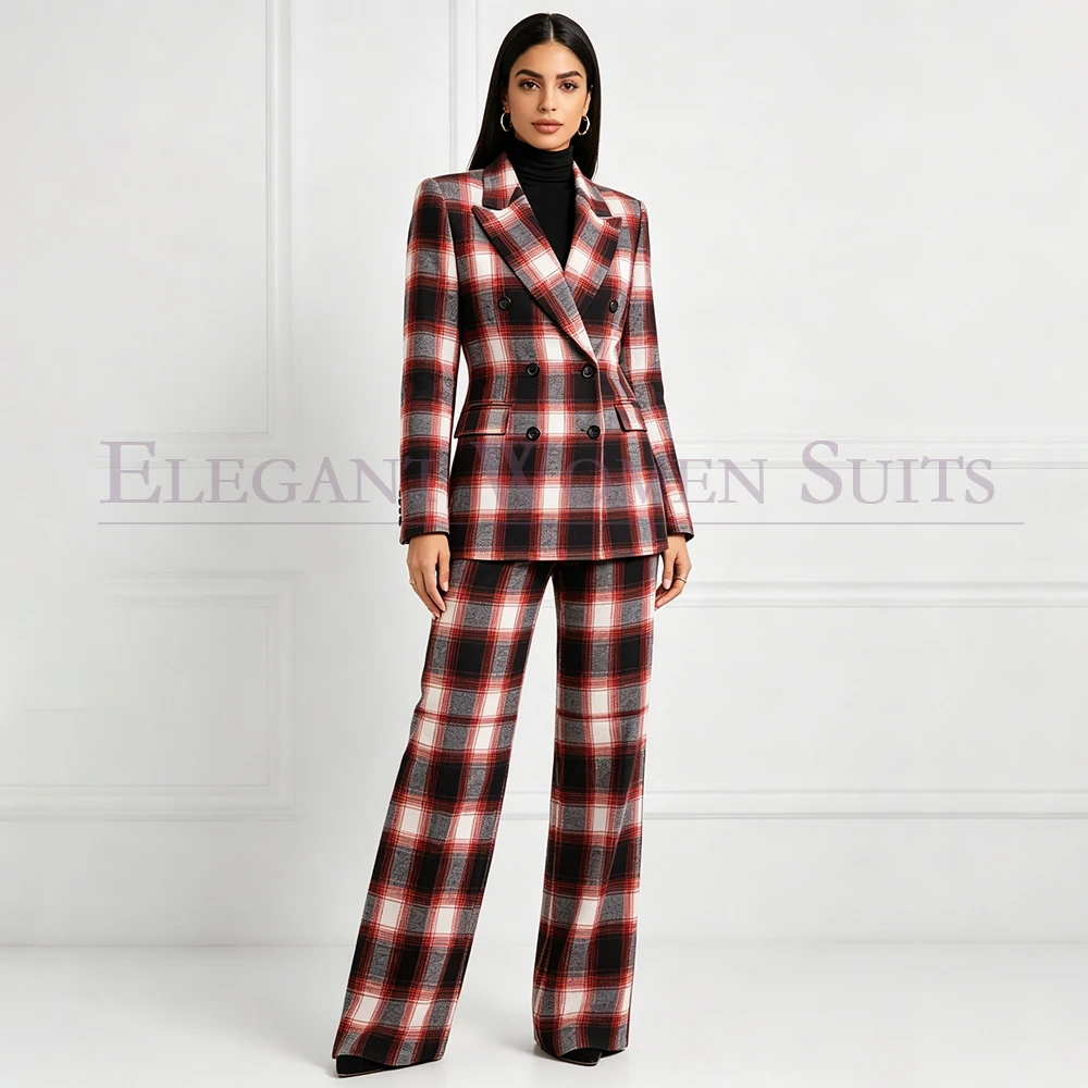 Luxury Office Lady Women's Suits Classic Windowpane Double Breasted Peak Lapel Office Lady Blazer Customized 2 Piece Jacket Pant