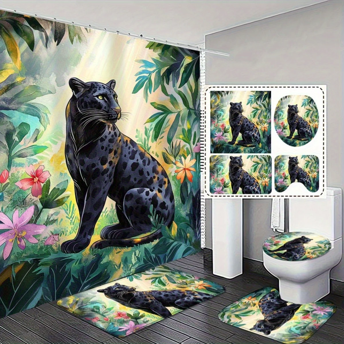 

4pcs. Artistic Black Panther Bathroom Set - Shower Curtain and Non-Slip Absorbent Rugs - Perfect for a Jungle-Themed Bathroo