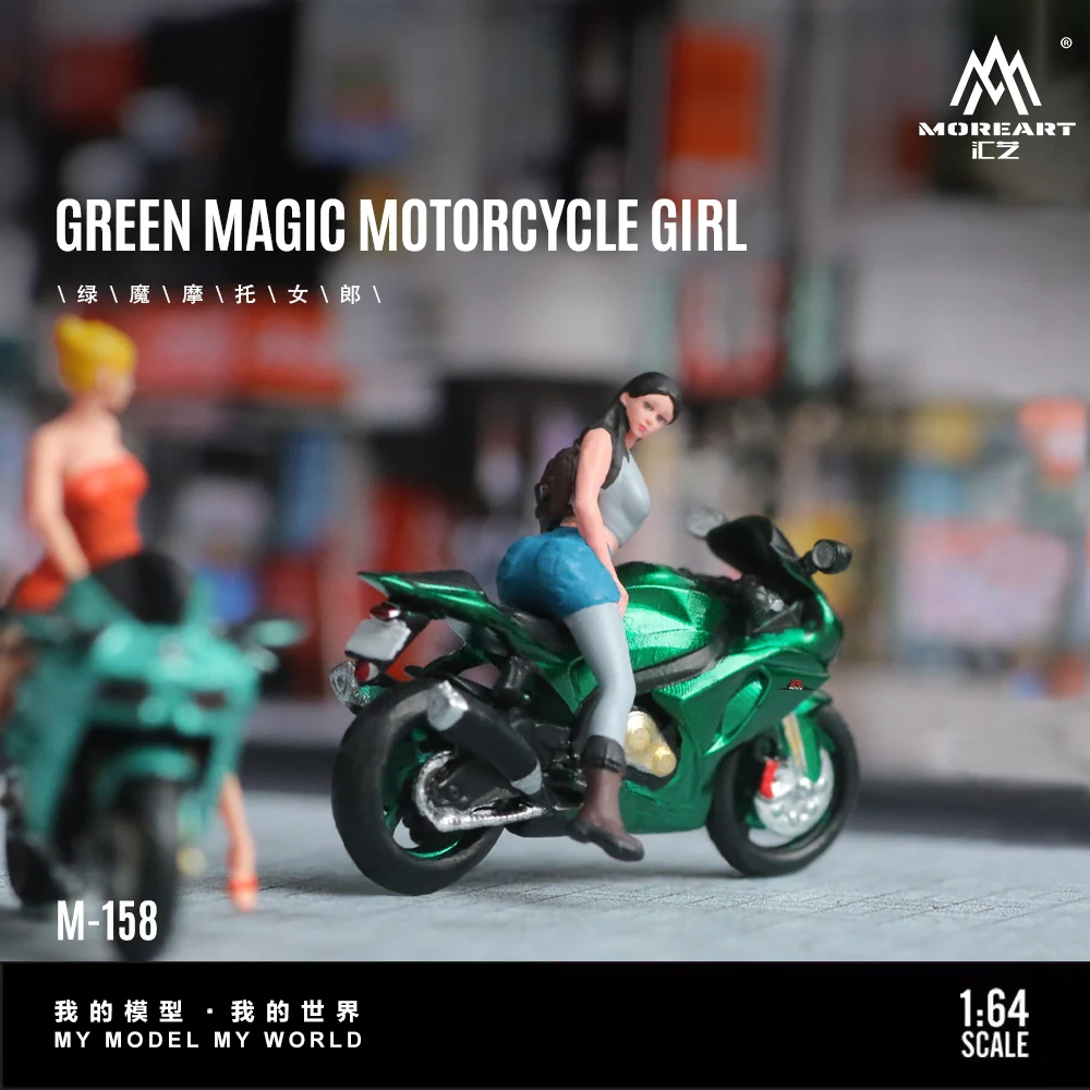 MoreArt 1:64 Green Motorcycle Action Figure Resin Model, Miniature Scene Decoration Gift&Display