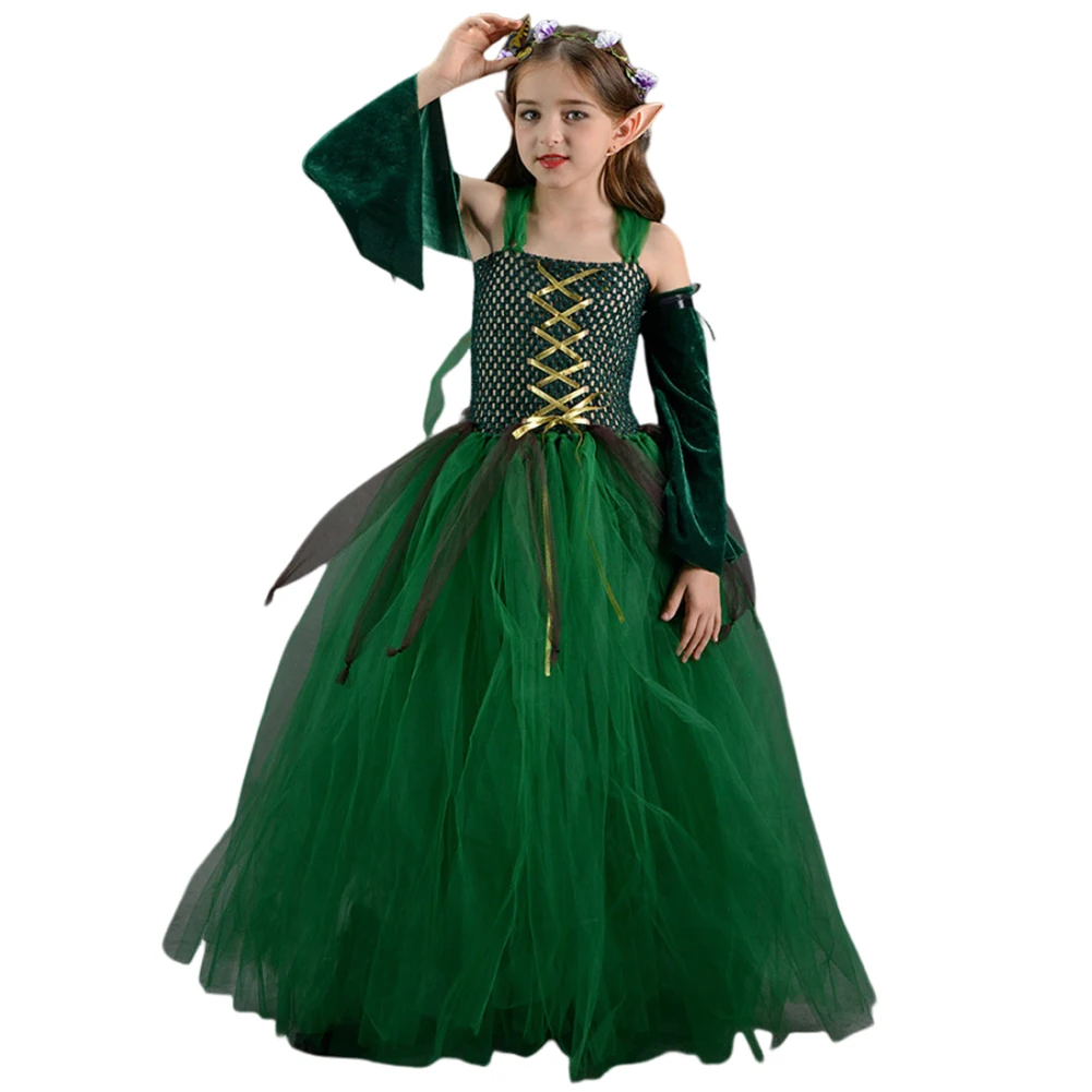 Kids Girls Forest Elf Cosplay Tutu Green Dress Costume Role Play Dance Skirts Stage Performence Elf Ear Outfits Halloween Suit