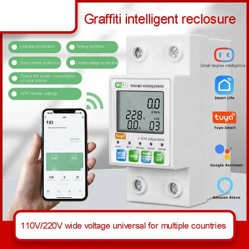 TUYA WiFi Smart Circuit Breaker Prepaid Meter Smart Meter Power Monitor Over Under Voltage Protector 2P63A Aleakage Protection