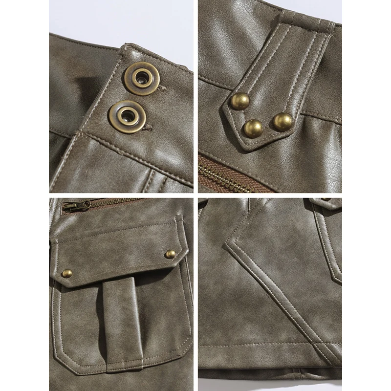 TFETTERS Brand Leather Short Skirt Women Vintage Rivet Summer Cargo Mini Skirt Females Make Old Waste Soil Style 90s Clothes