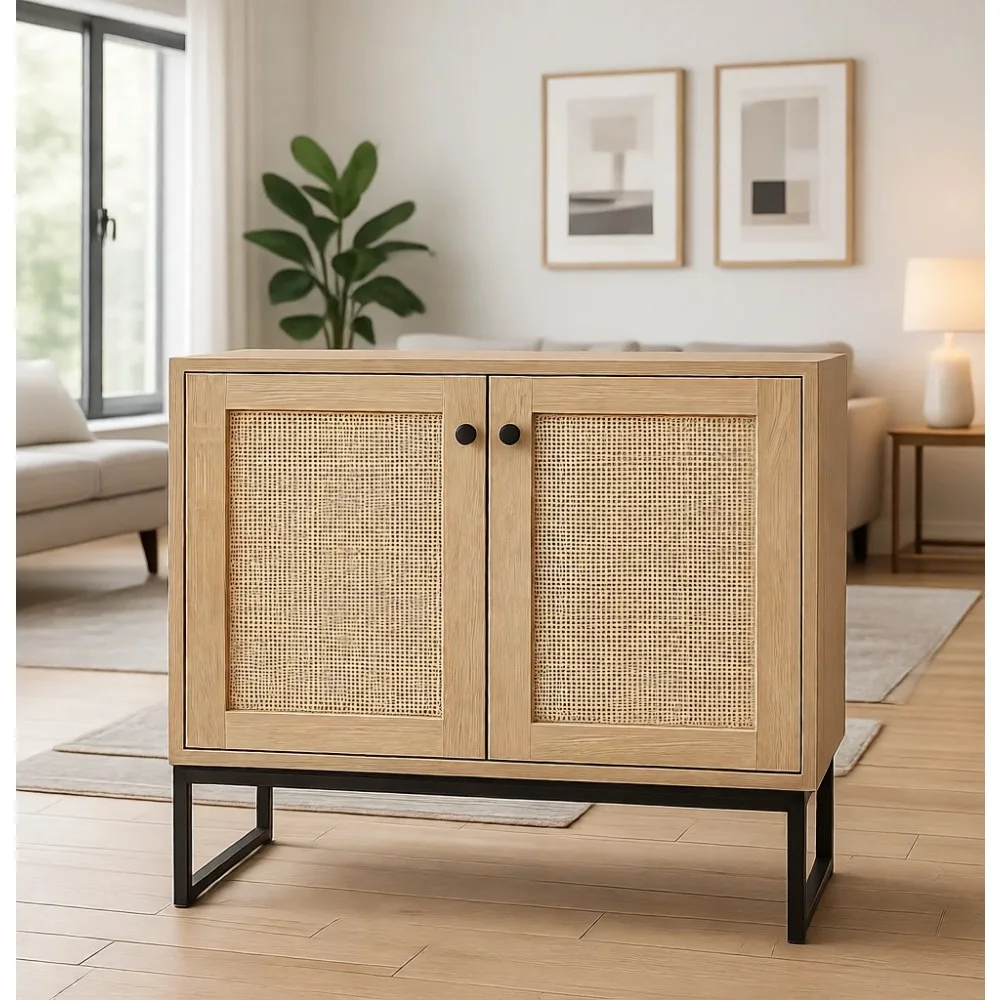 2-Door Rattan Storage Cabinet, Multifunctional Cupboard for Living Spaces with Non-Scratch Pads - Natural