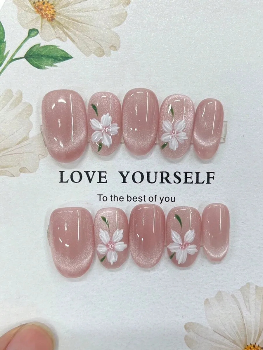 

10pcs short oval pink cat eye flower press-on nails – translucent gentle pink with hand-painted blooms, shiny clean manicure, fu