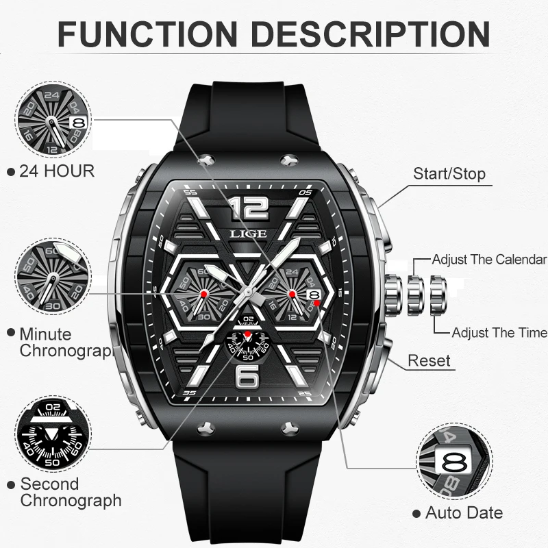 LIGE Mens Watches Fashion Waterproof Quartz Military Watch For Men Top Brand Luxury Silicone Square Chronograph Reloj Hombre