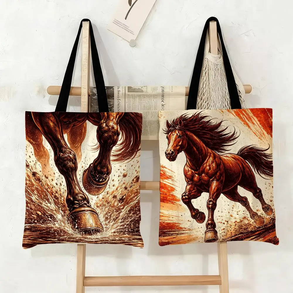 

Horse Aesthetic Storage Bags Canvas Tote Bag Large Capacity Double-Sided Print Reusable Shopping Bag Eco-Friendly Shoulder Bag