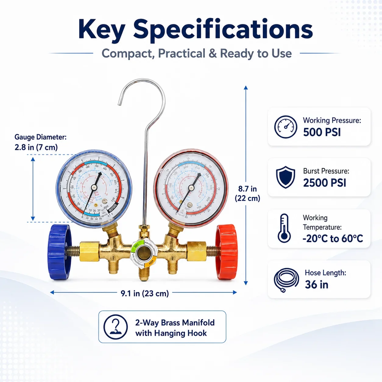 New Air Conditioning Pressure Gauge with Hose and Hook 3 Way AC Diagnostic Manifold Gauge Set for Freon For R12 R22 R404A R134a