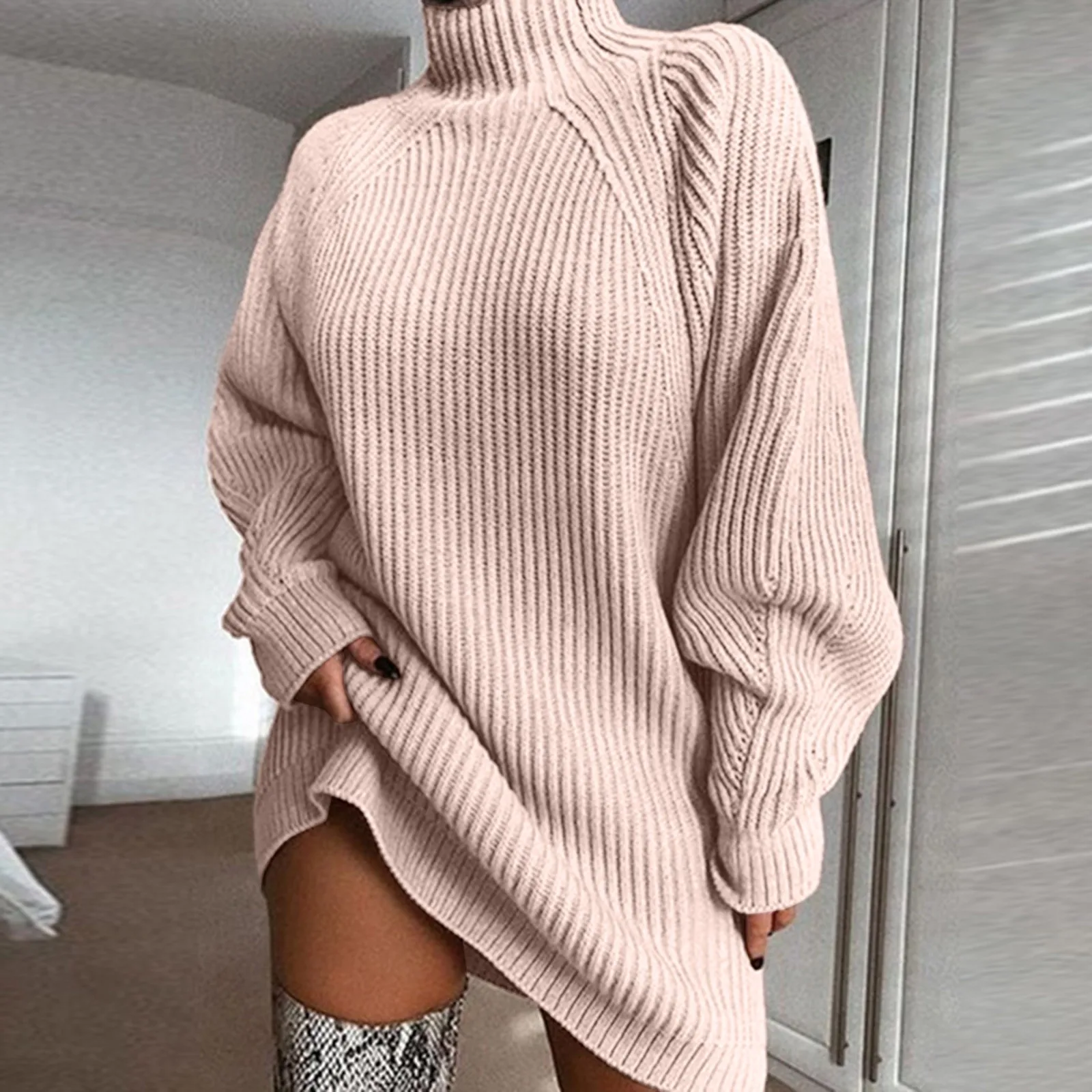 Women\'s Autumn And Winter Fashion High Neck Knitted Sweater Dress Casual Solid Color Loose Long Sleeve Warm Mid Length Dress