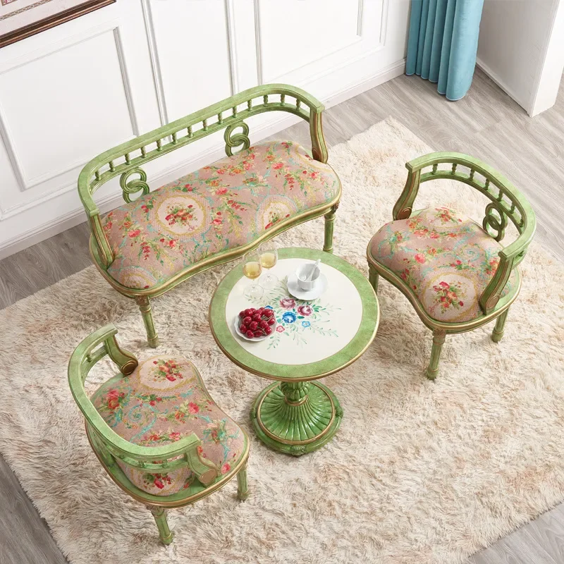 Green Solid Wood Sofa Leisure Chair Set with One Table and Three Chairs Painted Furniture for Balcony Living Room Negotiation