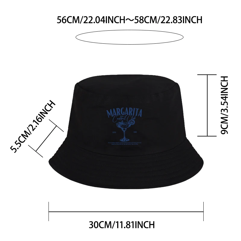 Vintage Margarita Cocktail Print Bucket Hat Adjustable Unisex Y2K Beach Casual Sun Hat