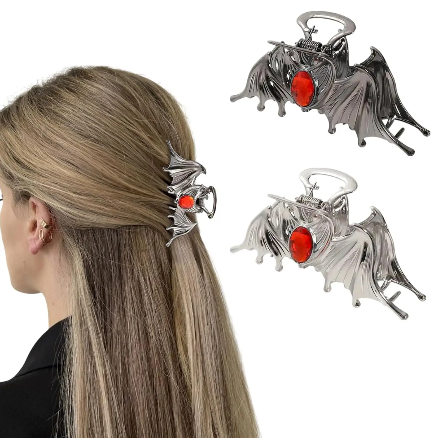 Metal Sliver Bat Hair Grab Clip Ruby Inlaid Hairpin Halloween DIY Decorations Shark Clip Headdress Hair Claw Halloween Gifts New view 2