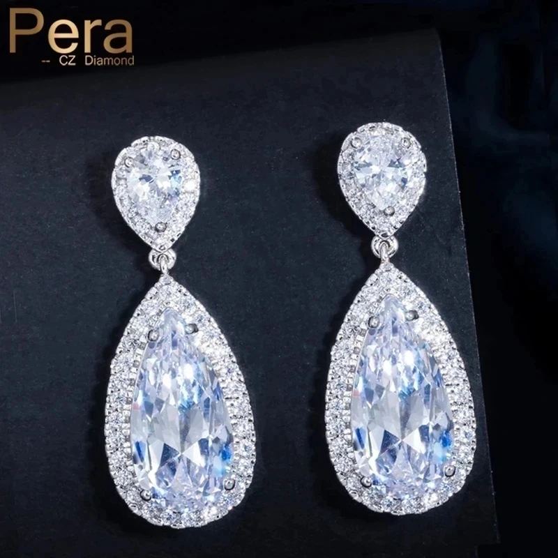 Pera Classic Big Water Drop AAA+ Cubic Zirconia Silver Color Luxury Wedding Bridal Long Dangle Earrings Jewelry for Brides E633