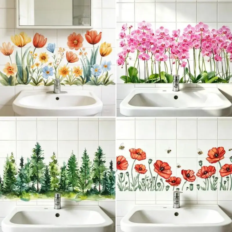 Bathroom Wall Decoration Self-Adhesive Removable Waterproof Creative Stic Fresh Floral Pattern Sink Area Background Wall Sticker