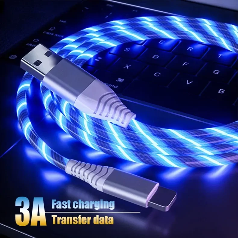Flow Luminous USB Type C Cable 3A Fast Charging Data Cord for Samsung Xiaomi OPPO Huawei IPhone Charger Micro USB Wire LED Cable