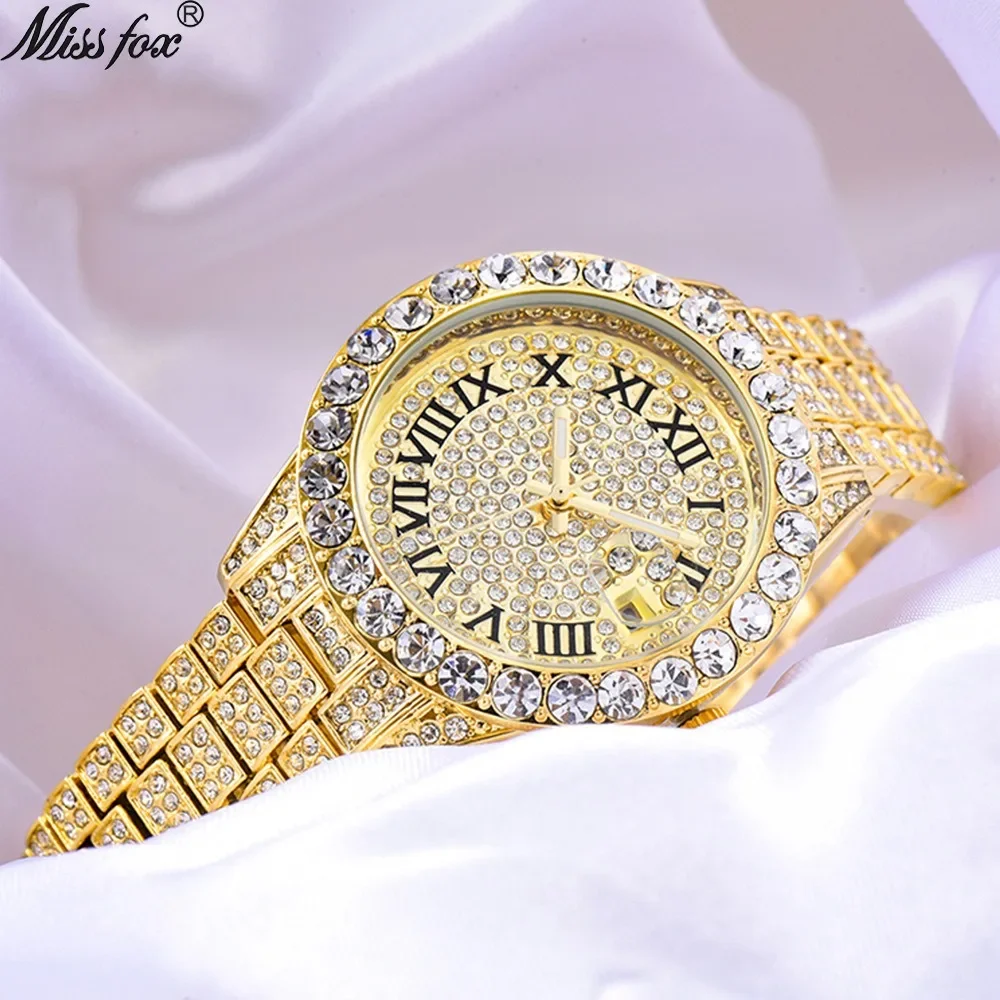 

36mm Luxury Watch For Women Fashion Full Ice Out 18K Gold Plate Quartz Lady Wristwatch Hip Hop Bling Diamond Dress Jewelry Clock