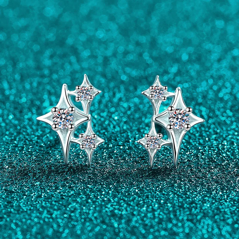 Banquet Sparkling Star Four Pointed Star Stud Earrings 0.124 Carat For Women Moissanite PT950 Platinum Party Jewelry