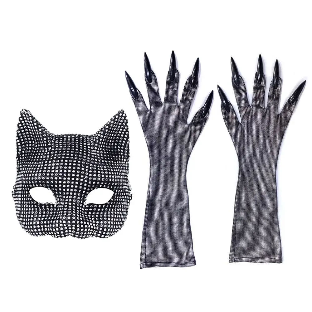 

Half Face Cover Cat Girl Mask Gloves Set Cosplay Prop Rhinestone Cats Woman Face Mask Halloween Dressing Party Costume