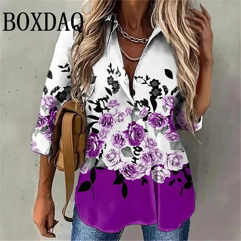 Elegant Women‘S Shirts Tops 2025 New Spring Blue Flower 3D Print Blouses Button Long Sleeve Casual Shirts Summer Female Clothing