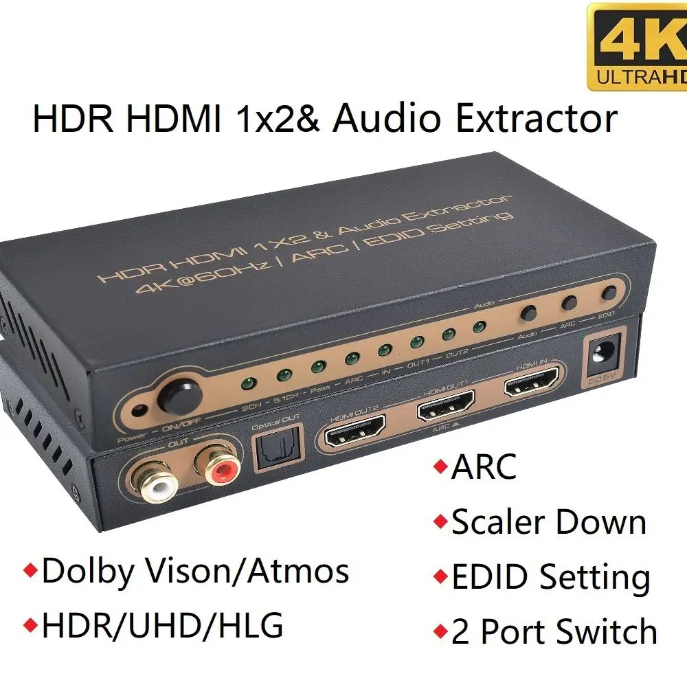 4K 60Hz HDMI-compatible Splitter 1x2 Audio Extractor ARC SPDIF RCA 18Gbps Dolby Vision Atmos HDR UHD EDID Setting Scaler Down