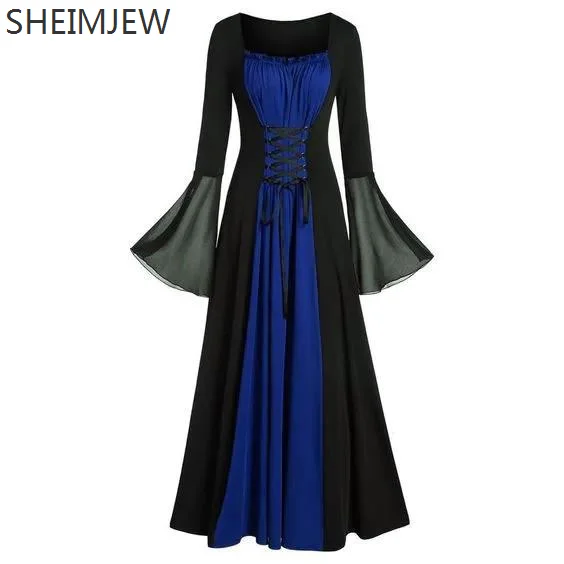 Halloween Medieval Renaissance Retro Pirate Cosplay Outfit Women Vampire Dress Witch Carnival Dress Up Punk Bandage Splicing Set