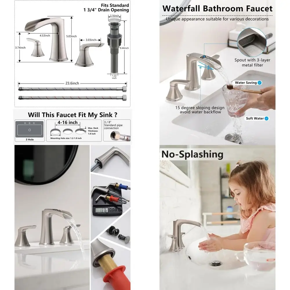 

8, широко распространенный смеситель для раковины из матового никеля с 3 отверстиями и выдвижным сливом, приспособление для ванной комнаты с двойной ручкой