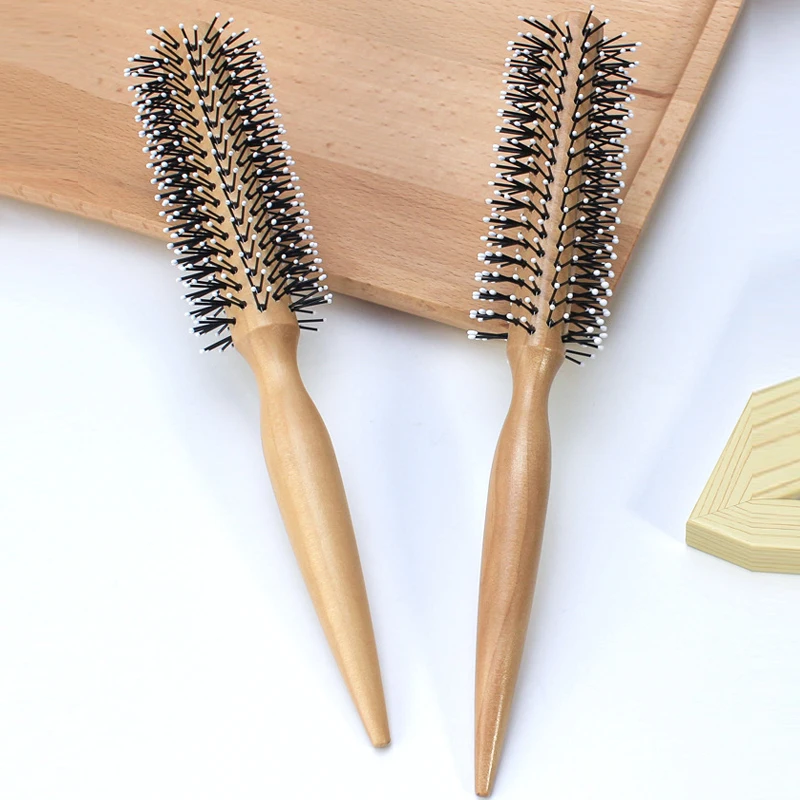 Mini Round Nylon Hairbrush Curly Hair Styling Comb Rolling Comb Round Brush for Thin or Short Hair Men with Wooden Handle