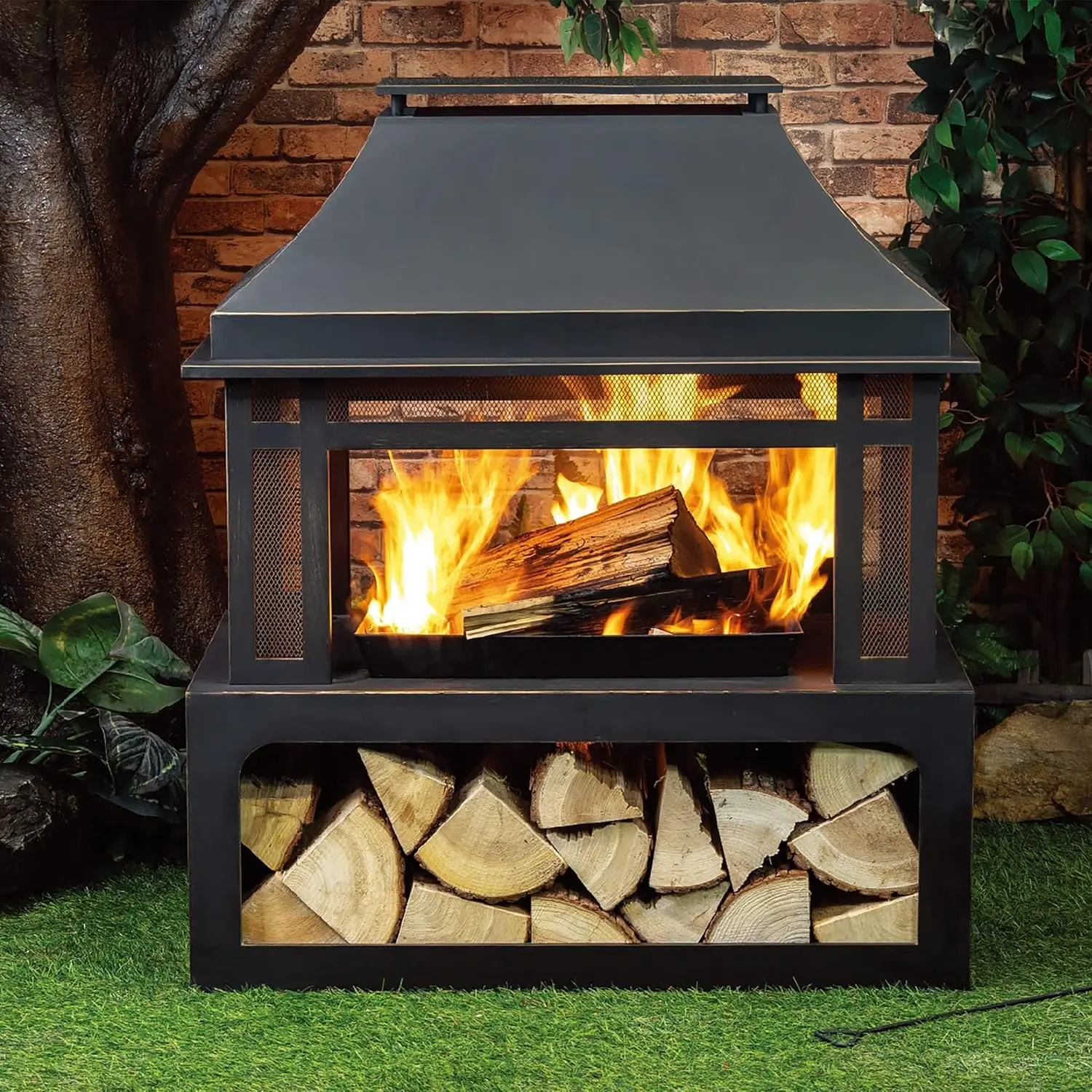 Outdoor Wood Burning Fireplace with Wood Storage and Removable Fire Grill - 40 Inch Large Metal Wicker Base Fire Pit