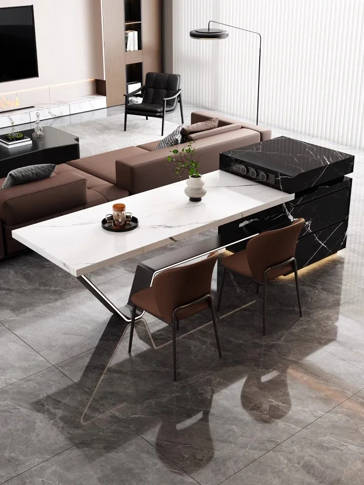 Rock slab dining table island table integrated retractable Italian light luxury Dragon Head-Raising Day living room kitchen