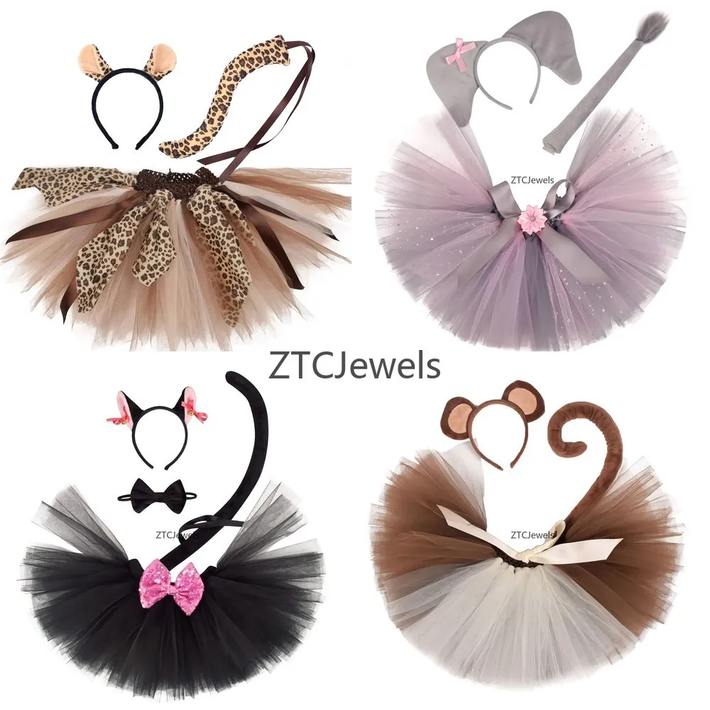 Conjunto de Disfraz de Animal con Tutú, Orejas, Diadema y Cola para Niñas, Disfraz de Tigre, León o Leopardo para Halloween