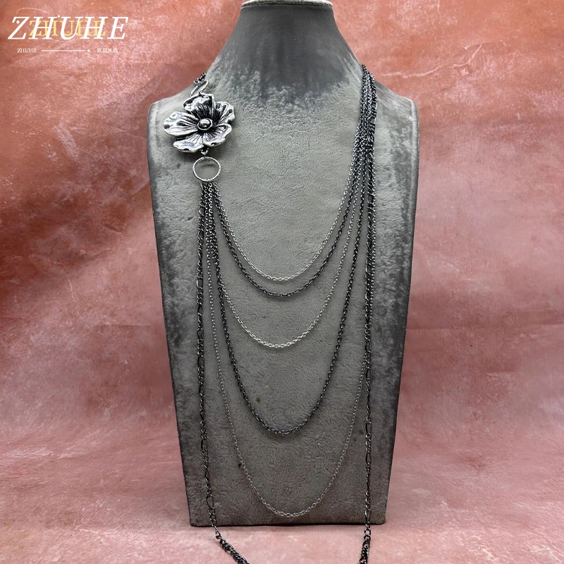 Vintage Multi-Layer Necklace, Jewelry & Accessories for Men Women, Retro Flower Pendant, Long Chain Design, Stylish Party Casual