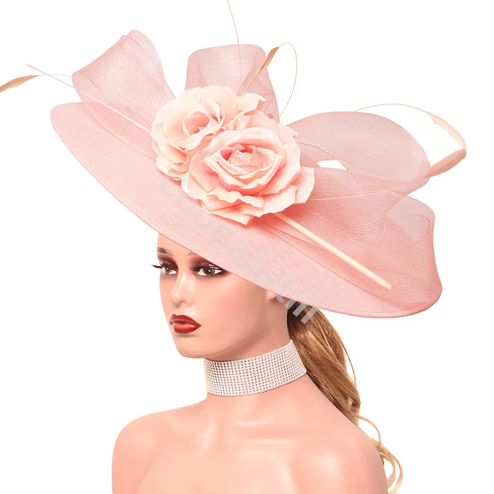 Pink Flower Big Royal Ascot Ladies Fascinator Hat Elegant Women Party Dinner Headpiece Bride Wedding Big Fascinatoes Headband