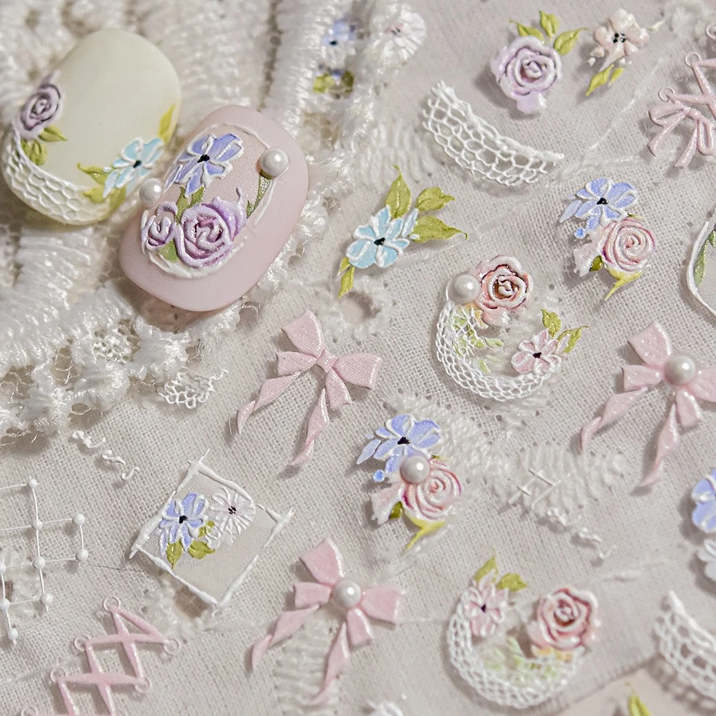 باقة زهور الورد يترك الدانتيل Bowknot اللؤلؤ إطار صور حزام تنقش النقوش ذاتية اللصق مسمار الفن ملصقات مانيكير الشارات