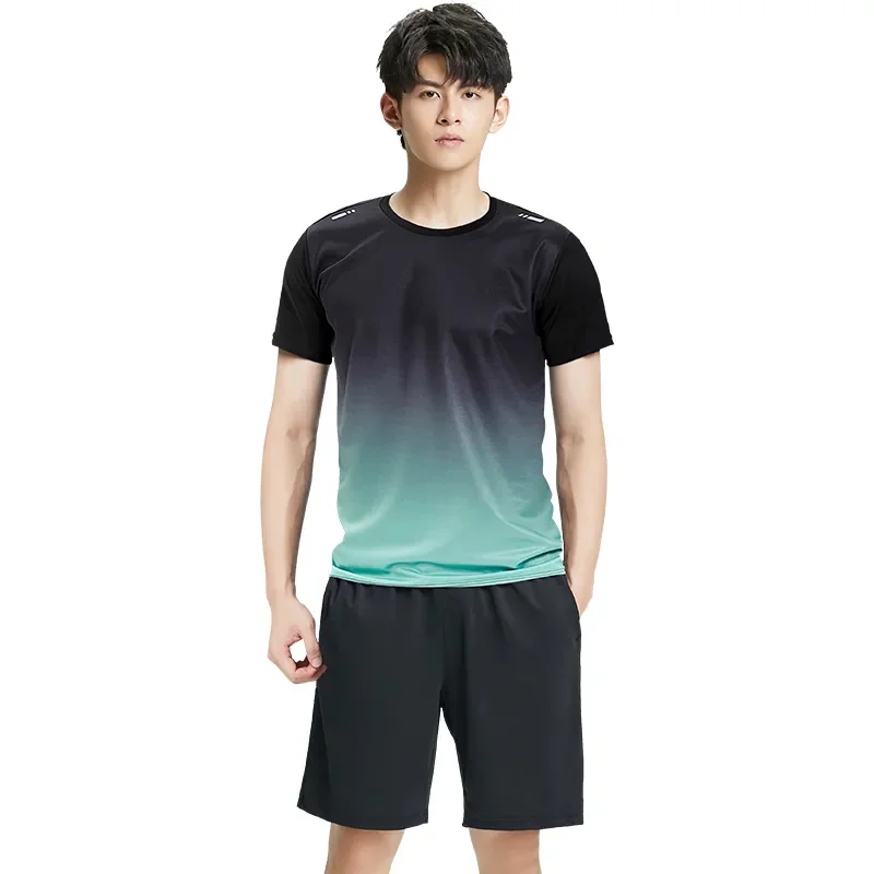 Men's Gradient Color Sports Tracksuit Short Sleeve T-Shirt and Shorts Set Casual Gym Workout Two Piece Outfit