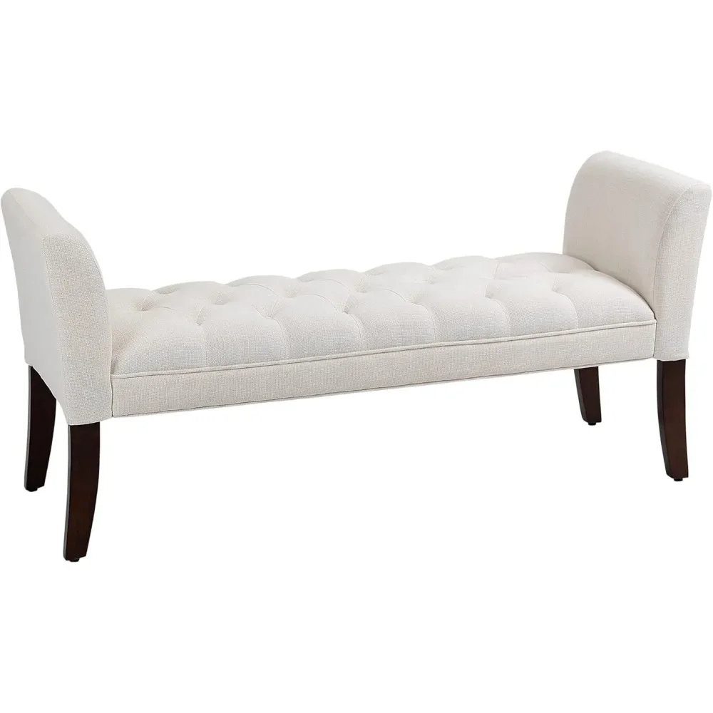 

End of Bed Bench with Button Tufted Design | Upholstered Bedroom Entryway Bench with Arms & Solid Wood Legs